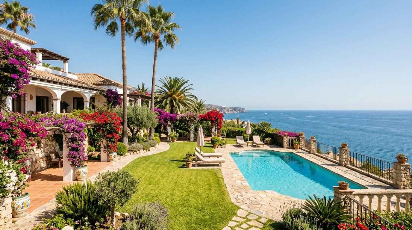 Mediterranean garden with palm trees on the Costa del Sol