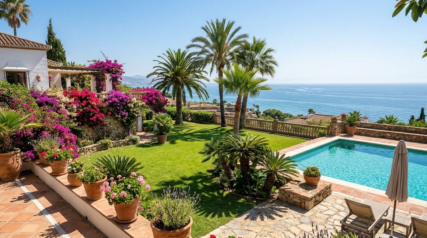 Jardín mediterráneo con palmeras y piscina en la Costa del Sol
